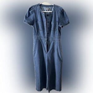 POINT SUR Blue Denim Pant Jumpsuit size 14 short sleeve button & 7” front zipper